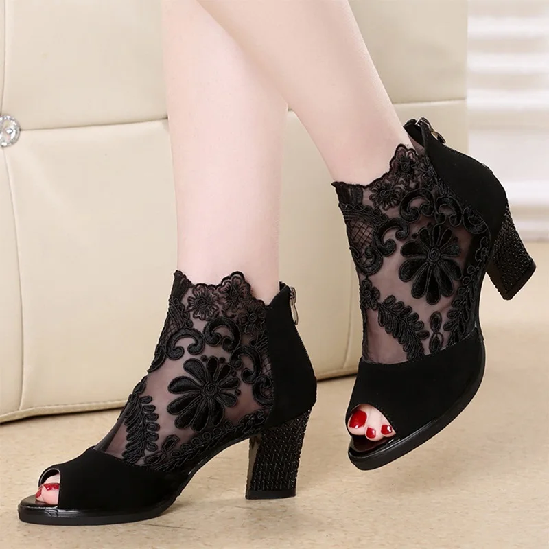 

Summer Women Pumps Mix Color Peep Toe Woman High Heels Mesh Sexy Flower Lace Thick Heels Fashion Ladies Shoes
