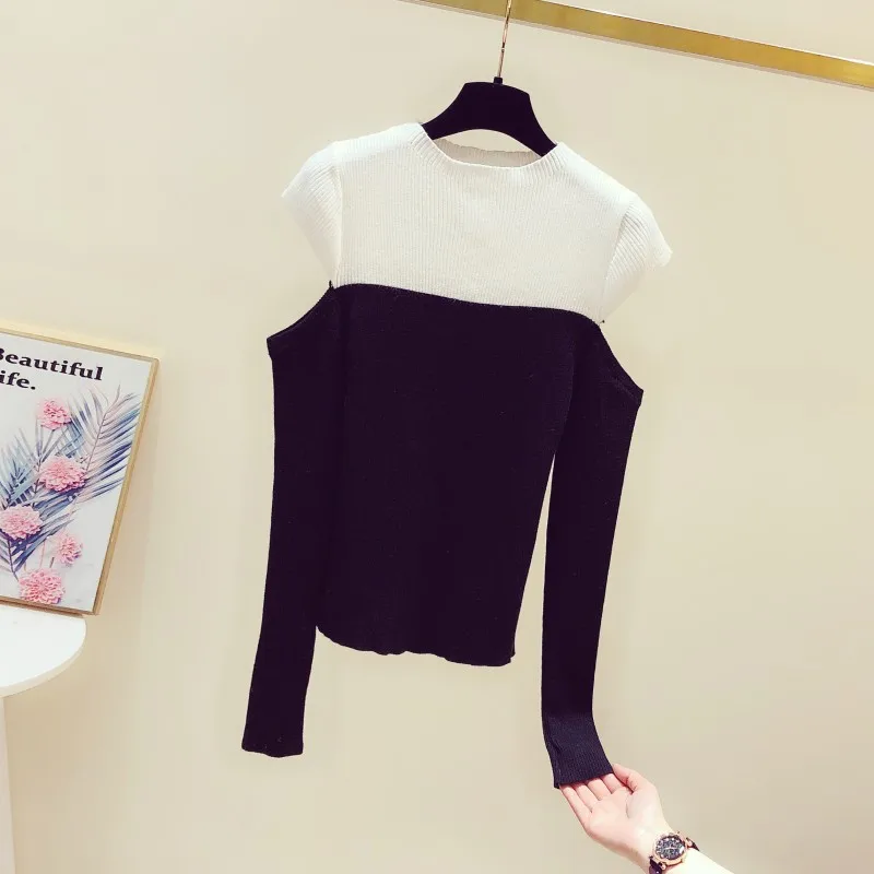 Black and White Color Block Round-Neck Off-Shoulder Long-Sleeve Knit Top Women's 2020 Spring New Slim Sweater Ladies Jumper Black and White Color Block Round-Neck Off-Shoulder Long-Sleeve Knit Top Women's 2020 Spring New Slim Sweater Ladies Jumper