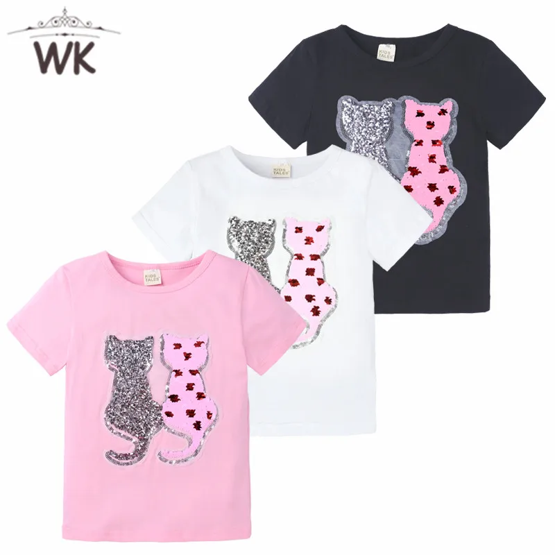 Летняя Модная хлопковая Футболка для девочек, топы, Детская футболка с пайетками, Детская футболка для малышей, Jw-274