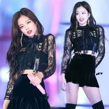

kpop BLACKPINK JENNIE Casual Black lace short skirt set Women Two Piece New Summer Sexy two piece dress set female clothes