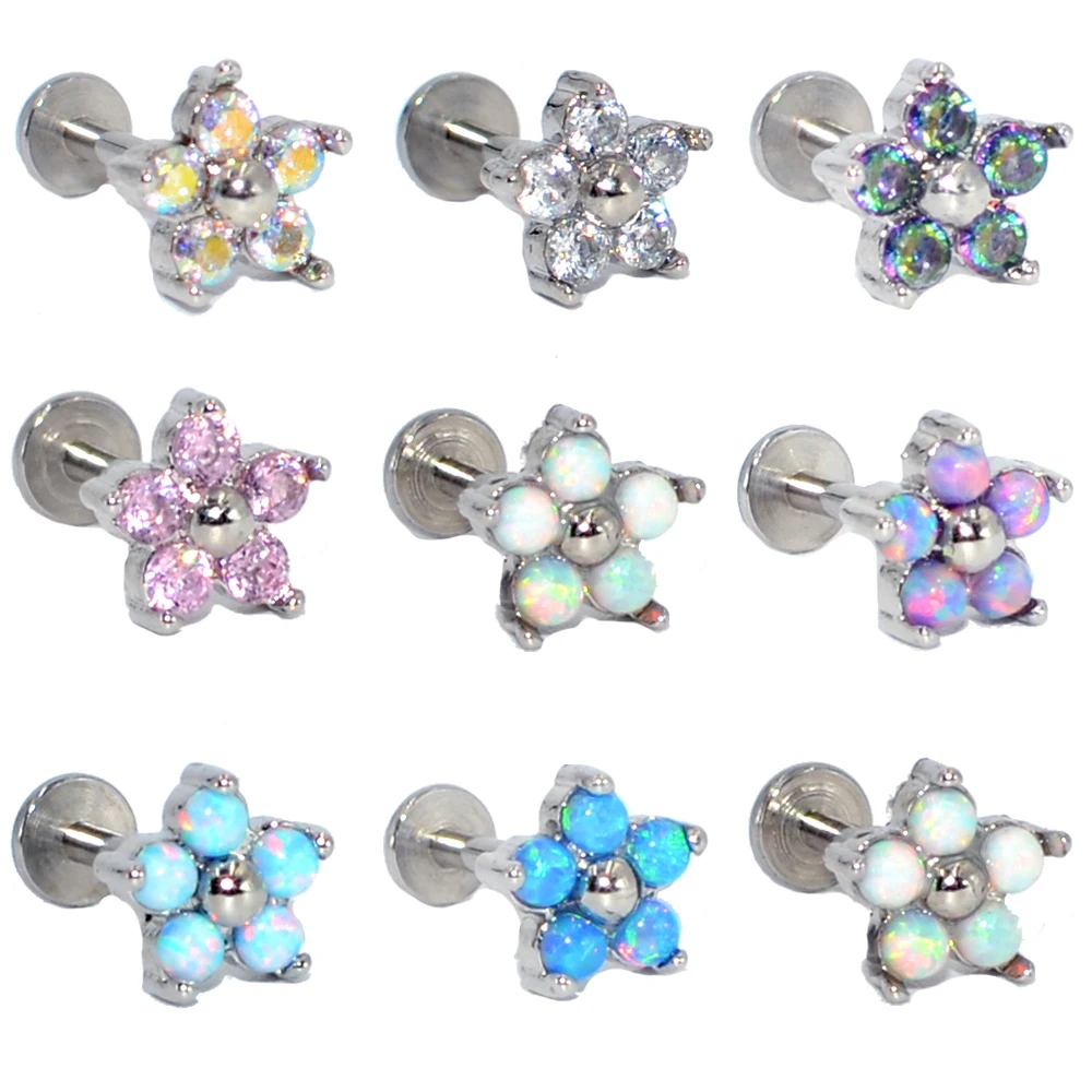 

1PC G23 Titanium&Steel Opal Gem Labret Lip Bar Ring Cubic Zircon Flower Ear Cartilage Tragus Helix Piercing Screw Fit Top 16g