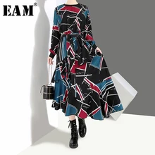 EAM-vestido largo con estampado de manga larga para primavera y verano, traje largo con dobladillo Irregular holgado, cuello redondo, color negro, 2021