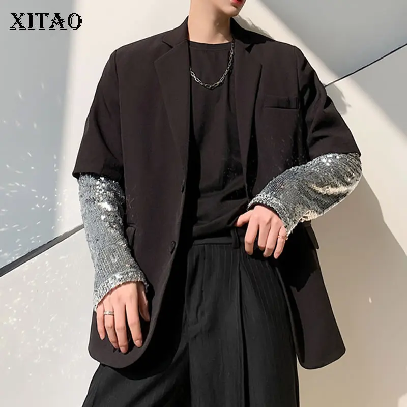 

XITAO Design Sense Shiny Sleeves Blazer Fashion New Women Pocket Patchwork 2020 Spring Elegant Goddess Fan Casual Coat ZLL4865