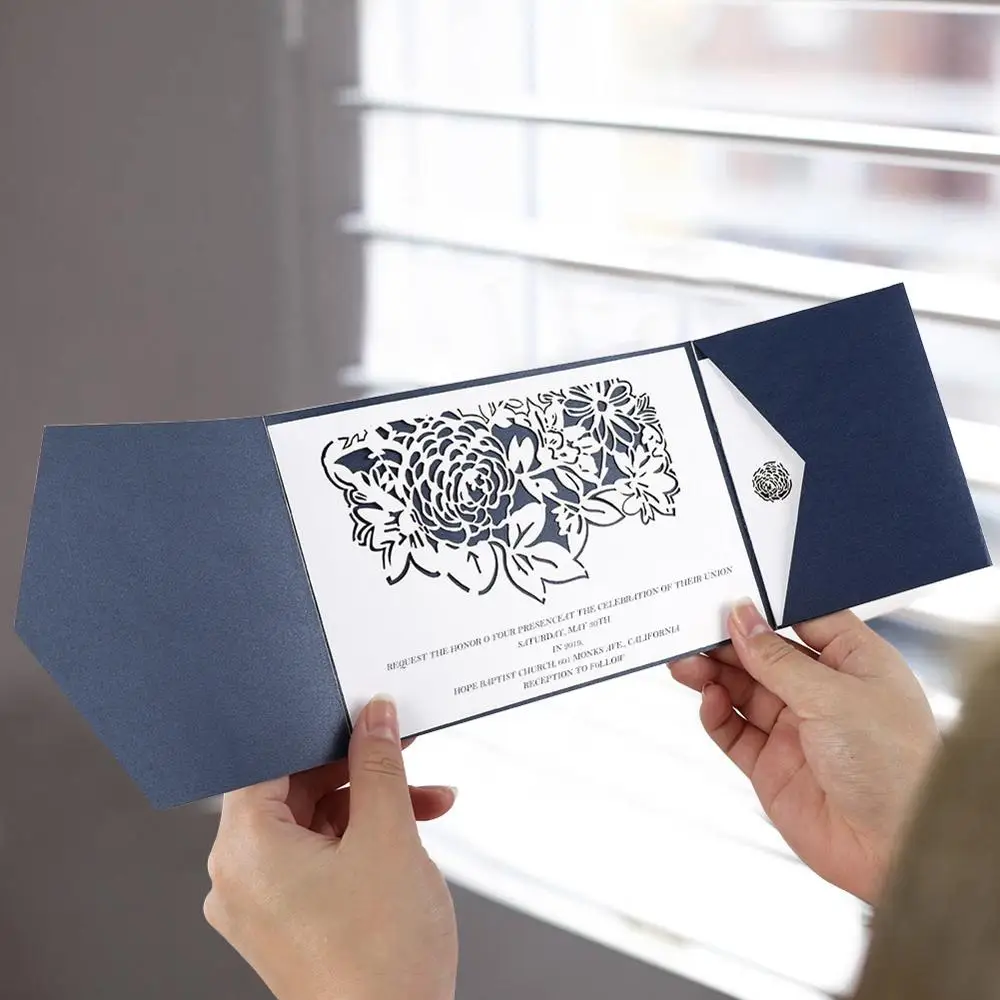  OurWarm 10Pcs Laser Cut Flower Wedding Invitations with Envelopes Pocket Invites Navy Blue Tri-Fold - 4.00041E+12
