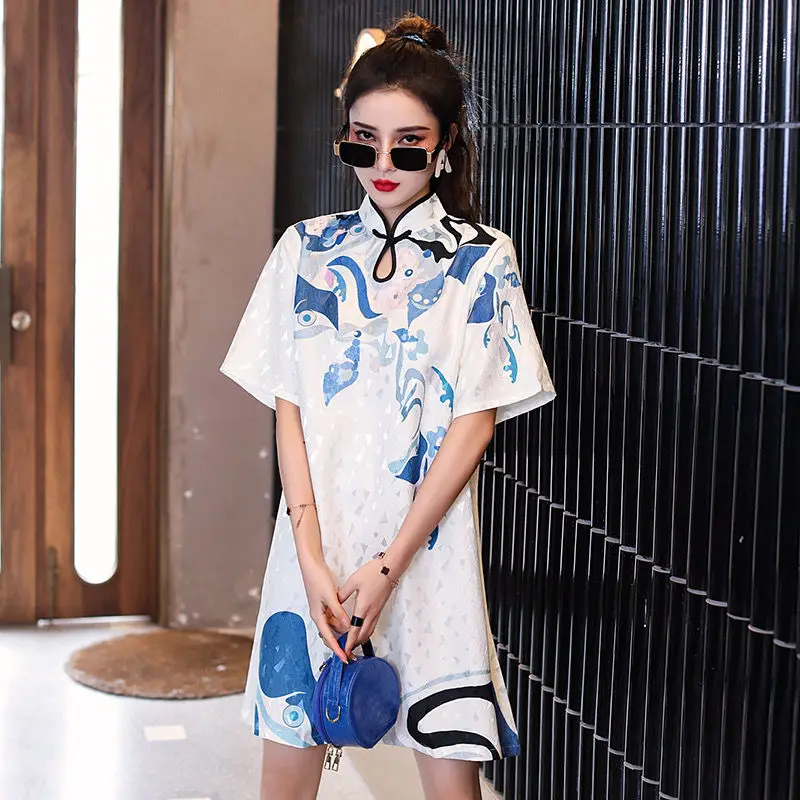 

Summer Women National Fashion Printing Elastic Stand Collar Buckle Cheongsam Modern Loose Improved Young Small Qipao Dress