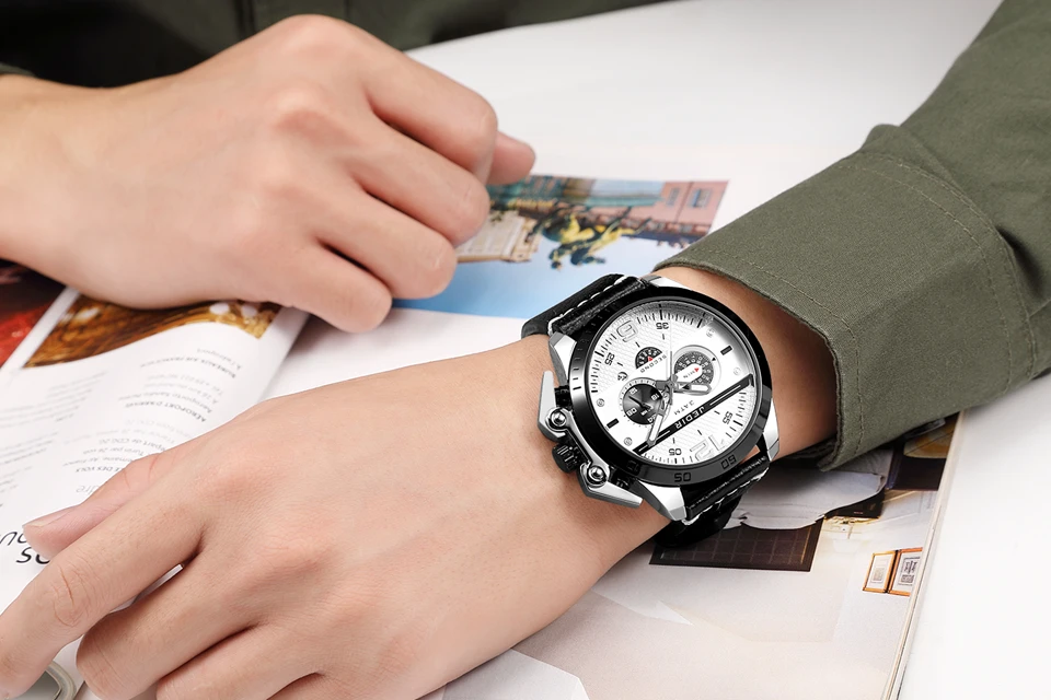 Large Dial Personality Men's Quartz Chronograph Watches Blue Leather Strap Fashion Sports Watches Male Clock Relogio Masculino