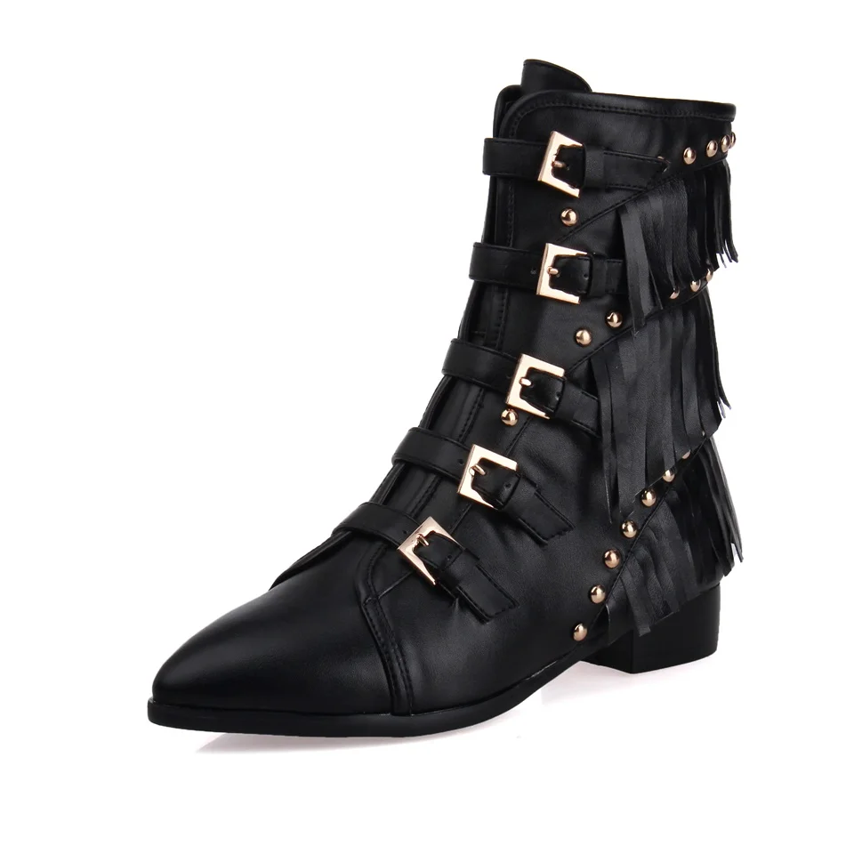 Women's booties real leather fabric belt buckle decorative pointed toe tassel design autumn and winter boots fashion shoes women