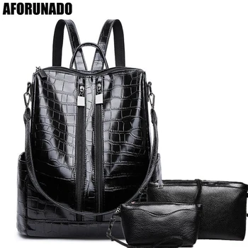 

New Alligator Women Backpack for Teenage Girls Female School Shoulder Bag Fashion Plecak Female Rugzak 3pcs Backpack Set PU Bags