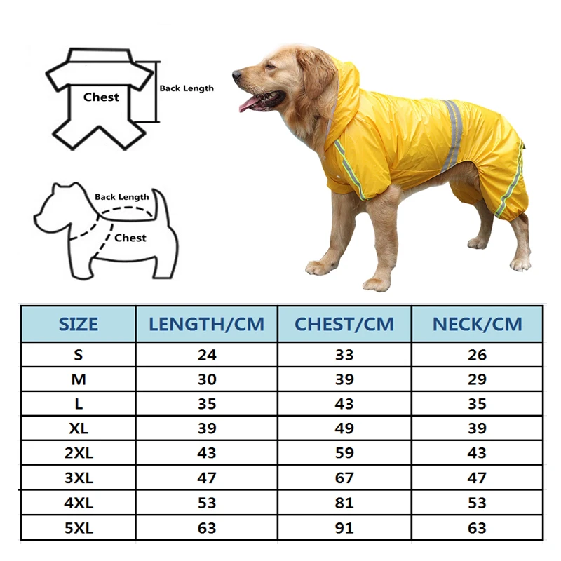 Дождевик для собак, светоотражающая водонепроницаемая одежда, комбинезон с капюшоном и высоким горлом для маленьких и больших собак, плащ-дождевик, золотистый ретривер, лабрадор