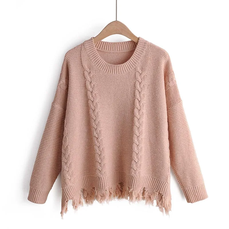 

MY228 Women New Design O Neck Ripped Tassels Sweep Match All Pullovers Sweater Autumn Winter Jumpers Knitwear