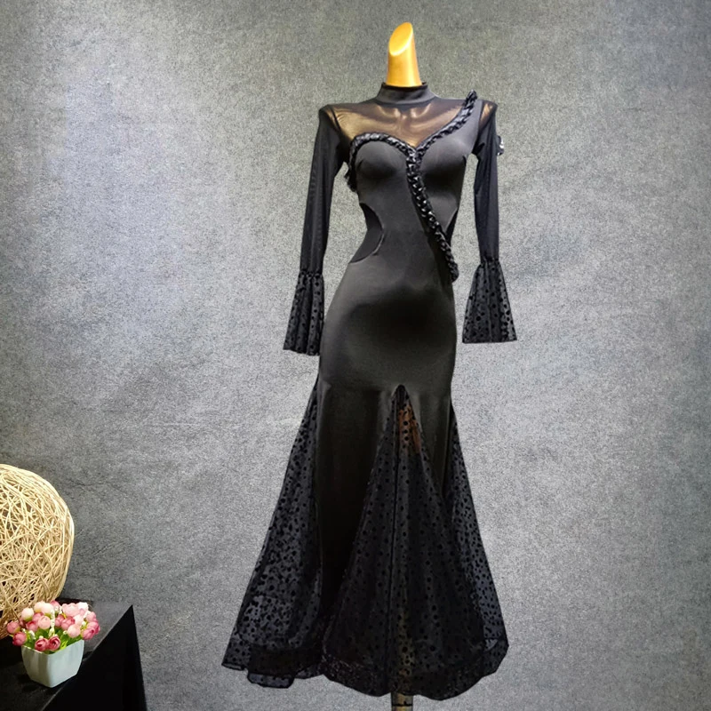 Бальные платья для танцев, женское черное платье с рукавом-трубой, стандартные Бальные платья, испанская одежда, современная танцевальная одежда для шоу DN4292