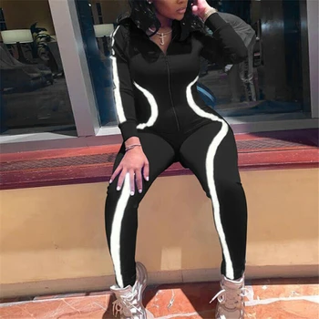 

New Fashion Women Clubwear Playsuit Long Sleeve Bodycon Party Jumpsuit Women V-neck Reflective Stripe Clothes Romper Trouser