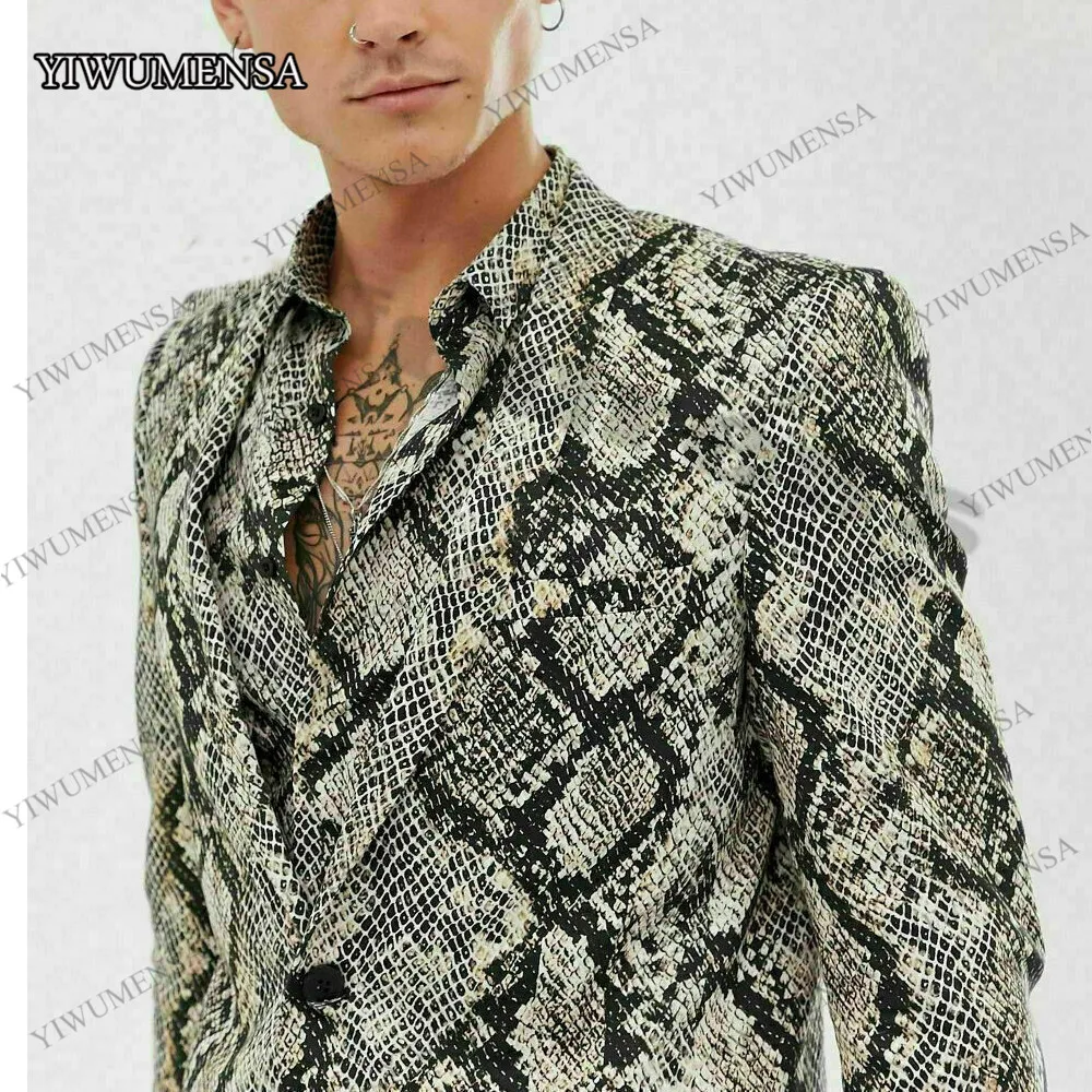Snake Printed Suits Men Youthful Vitality Party Dress Single Breasted Coat Pant Design 2 Pieces Club Bar Grooms Wedding Tuxedo