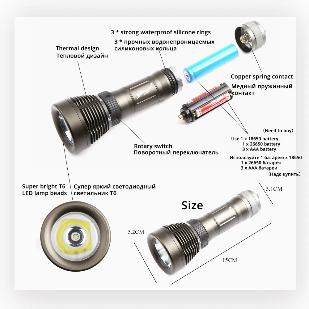 IP68 фонарик для дайвинга Факел может нырнуть 100 метров поворотный переключатель индекс цветопередачи Ra80 амфибия на 18650/26650 батареи