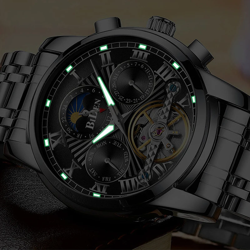 BIDEN мужские часы Tourbillon автоматические механические часы лучший бренд класса люкс спортивные часы из нержавеющей стали мужские s Relogio Masculino
