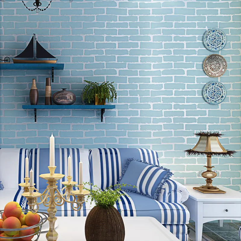 

Blue Wallpaper Mediterranean Brick Pattern Wallpapers Non-woven Dormitory Self-adhesive Wall paper 3D Wallpaper