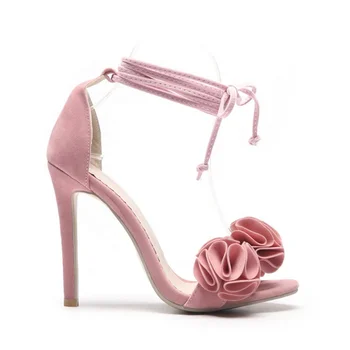 

2020 China Flower Girls Shoes Ankle Strap Pink Suede Thin High Heeled Pumps New Design Fashion Big Sizes Peep Toe Womens Sandals