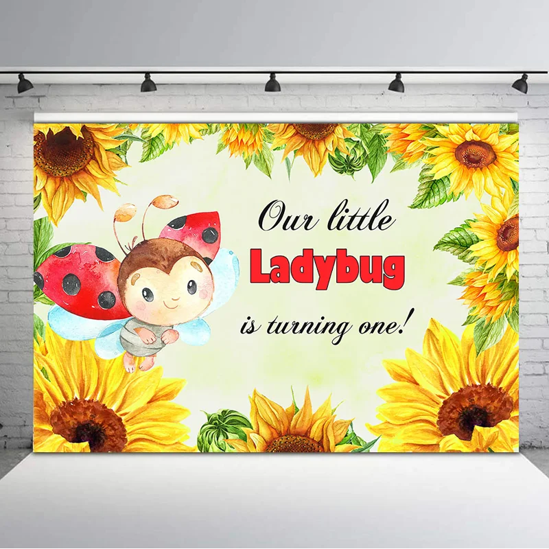 

Cute Little Ladybug 1st Birthday Photography Background Sunflower Green Leaf Baby Shower Party Photography Backdrops