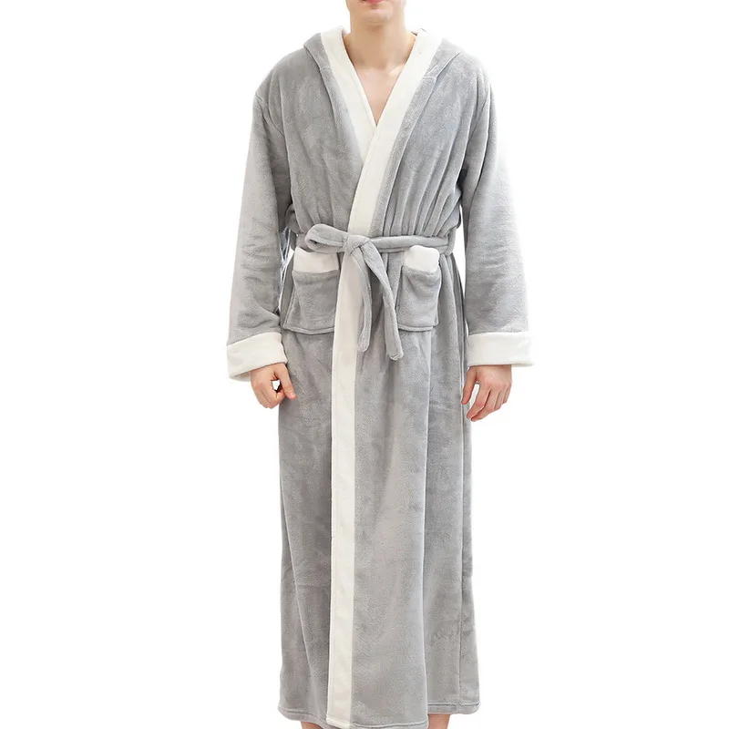 Женский мужской зимний теплый халат, женское плотное Коралловое кимоно из рунной шерсти, халат, ночная рубашка, банное платье, ночное белье, свободная пара, мягкая одежда для сна - Цвет: light gray men