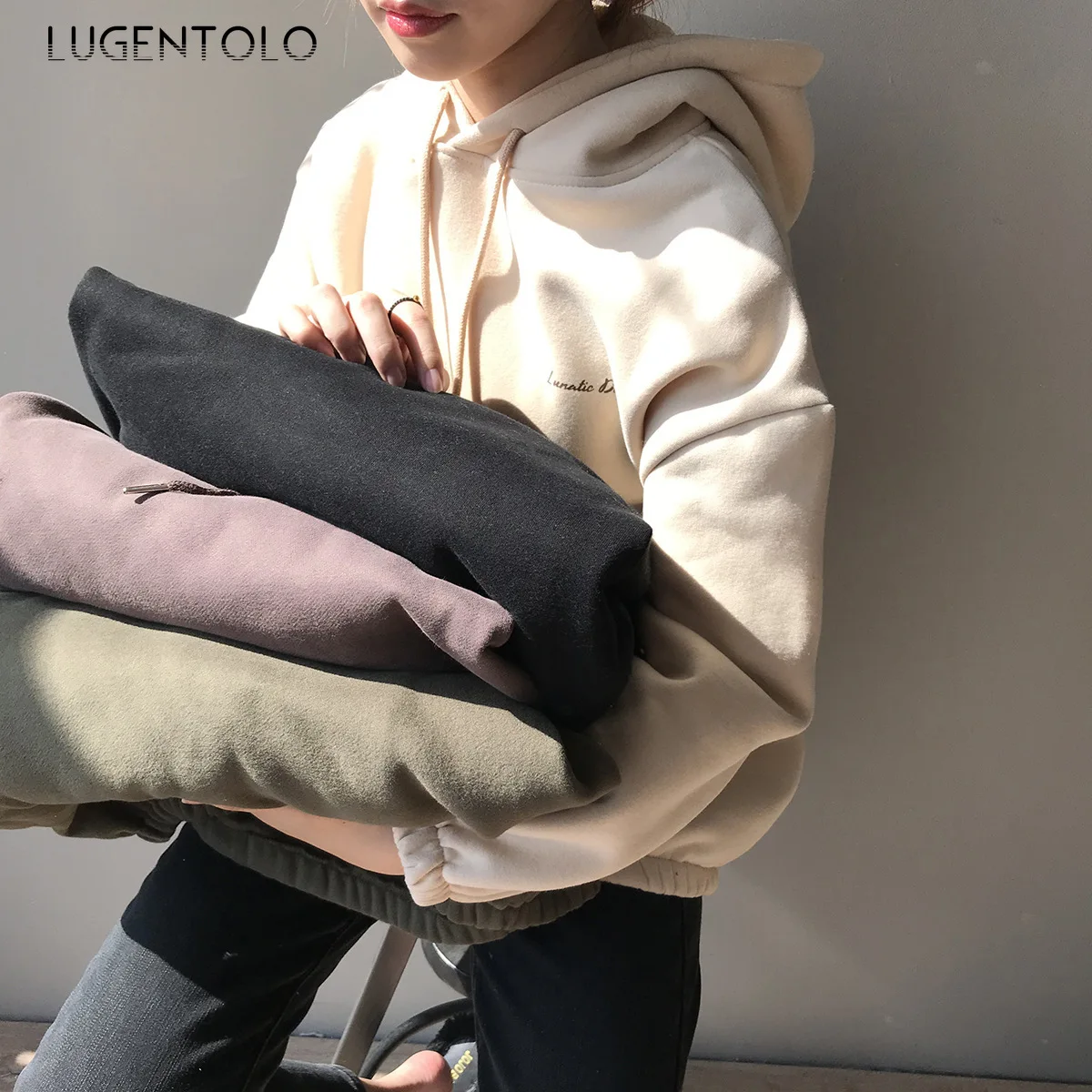 Lugentolo, Женская толстовка, зимняя толстовка, Корейская, ленивая, одноцветная, повседневная, утолщенная, теплая, с длинным рукавом, модная, простая, толстовки