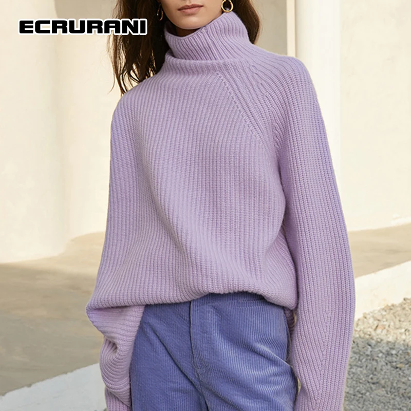 

ECRURANI Casual Purple Knitting Sweater For Females High Neck Long Sleeve Loose Irregular Solid Minimalist Women's Pullover 2021