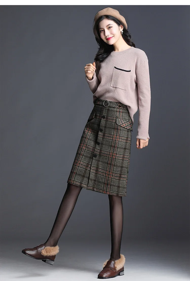 Lxmth, Женская шерстяная юбка, женская тонкая, английский стиль, Осень-зима, шерстяные юбки размера плюс, клетчатая прямая юбка, большой размер 4XL
