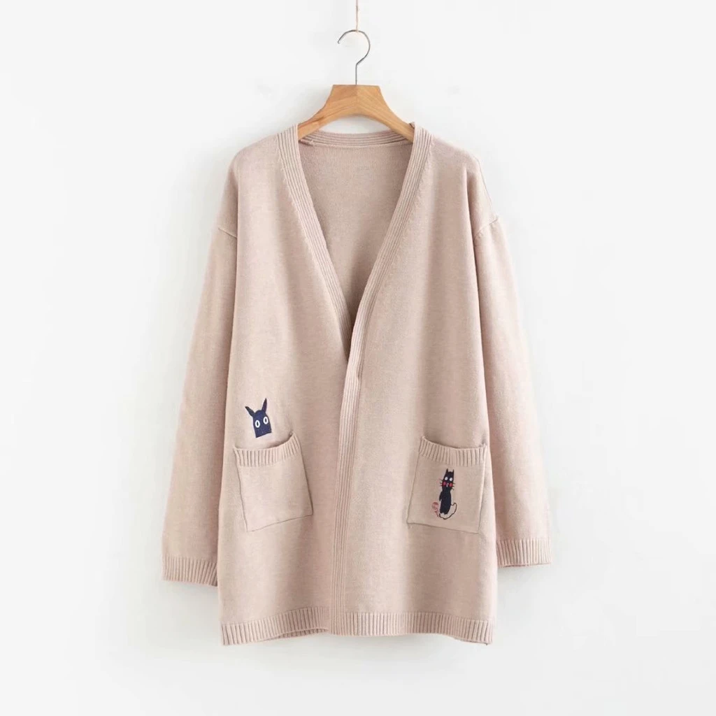 

Plus Size Women's Casual Cardigan Cat Embroidery Loose Knitted Solid Color Sweaters