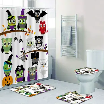 

3D Digital Printing Shower Curtain Bathroom Floor Mat Base Mat Toilet Mat Combination Set Halloween Owl Collection Pattern Home