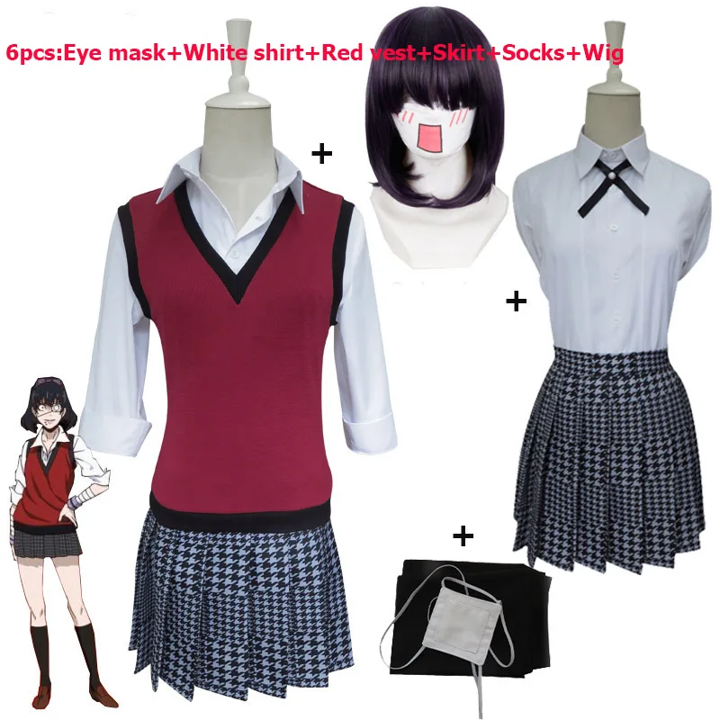 

Kakegurui Midari Ikishima Cosplay Wig Costume School Girls Uniform Full Vest Dress with Eye Mask and Socks Halloween Party