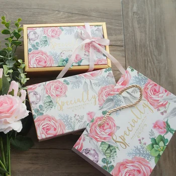 

18.5*11*4.7cm 3set Gold Watercolor Pink Rose Especially Design Paper Box + Bag As Birthday Wedding Party Gift Packaging Use