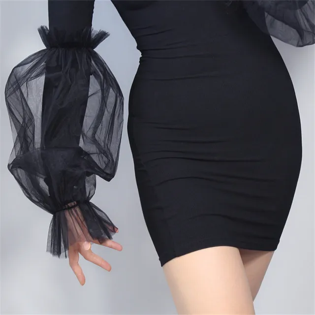 Black Silk Long Gloves Arm Sleeve Wide Sleeve 60cm Lace Tulle Mesh Black White Extra Size Women Long Evening Party Gloves WWS11 black