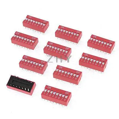 

10 Pcs 2.54mm Pin 2 x 8 Pins 8 Position Slide Style DIP Switches Red