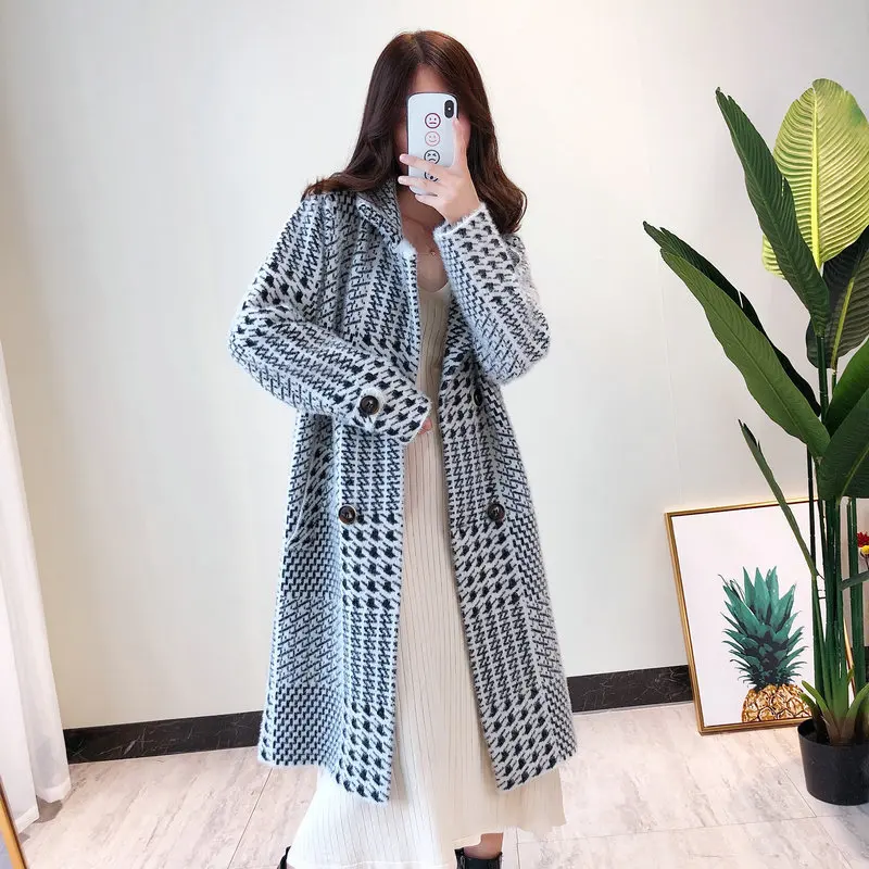 

Women Faux Mink Fur Knitted Sweaters Autumn Winter Thick Knitwear Houndstooth tweed Sweater Double Breasted Long Cardigans