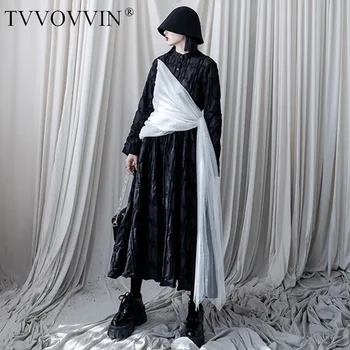 

Patchwork Dress Women Mesh Loose Fashion Simple Personality Stand Collar 2020 New Autumn Full Sleeve Dress Goddess ZP2928