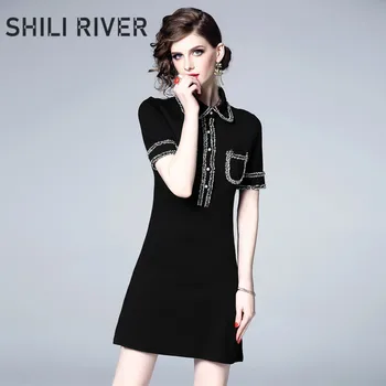 

New summer mini dress for women a line short sleeve slim casual sexy elegant vintage black dress with collar
