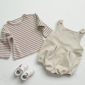 

Baby Boys Girls Clothes Stripe Cotton Long Sleeve T-Shirt+Corduroy Romper Suit Toddler Girls Boys Clothing Suit Korean Style