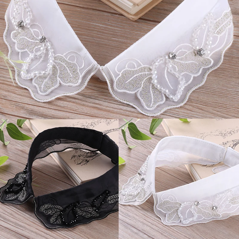 Chiffon Double Layer Embroidery Fake Collar White Black Retro Gold Thread Trim Decorative Women Crystal Lace Neck |