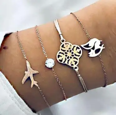 4 шт./компл.: стильный браслет на запястье с застежкой с самолета с украшением в виде кристаллов в виде геометрических фигур кулон набор с золотым браслетом Для женщин пикантные вечерние ювелирные изделия подарок аксессуары