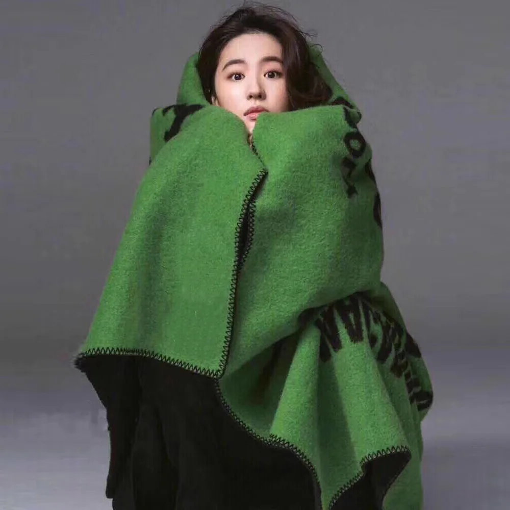 150*135cm New Pashmina Shawl For Women 2021 Autumn Winter High Quality Green Letter Shawl Thick Warm Scarf Street Poncho Female