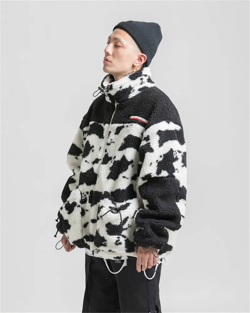 Winter Thick Oversize Cow Contrast Color Parka Coat Polka Dot Vintage Fleece Zipper Pocket Jacket Men Hip Hop Swag Black/White