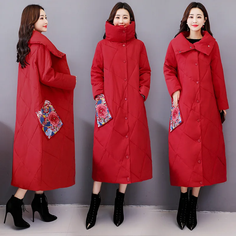 

Large Pocket Embroidered Cotton-padded Clothes 2018 Winter Fashion Printed Retro Gentle Glorious