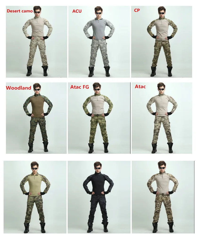 

Men Military Combat Shirts and Pants Long Sleeve Navy Seal Tactical Training Suits with Knee + Elbow Pad Camouflage Ghilly Suit