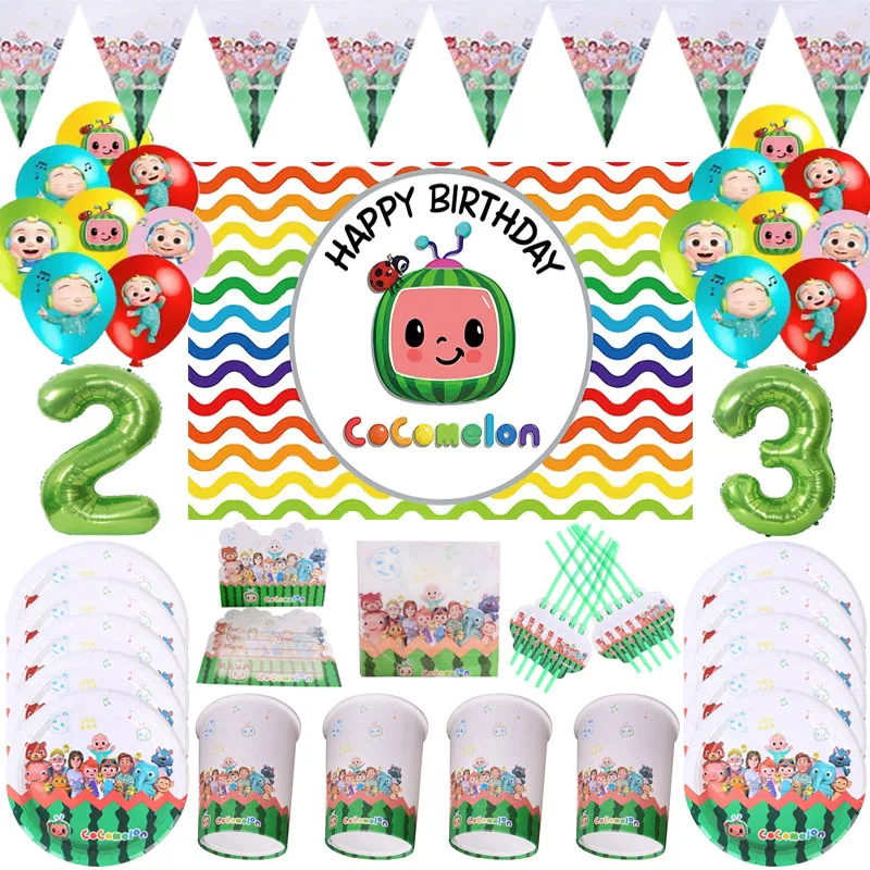Green Cocomelon Birthday Party Theme Kids Disposable Cup Napkins Plates Toppers Tableware Baby Shower Decorations Balloons | Дом и сад