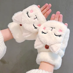 Cute Cat Bear Rabbit Fur Mittens Women Winter Gloves for Women Girls Animal Ear Flip Plush Glove Fingerless Thicken Warm Mitten