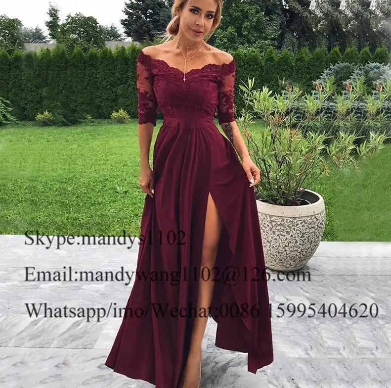 Mbcullyd A-line Long Prom Dresses Sexy High Split Burgundy Women Formal Evening Dress Gown Half Sleves Vestidos de gala - Color: Pictures color