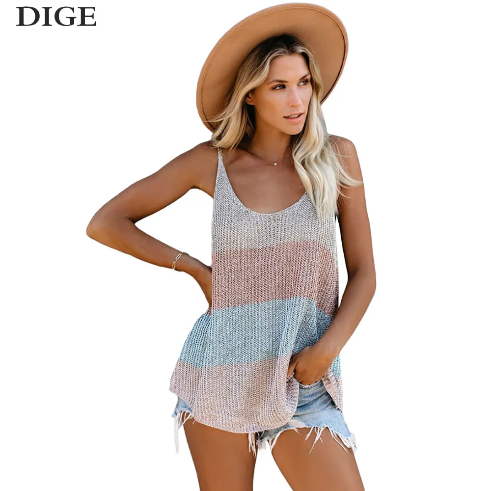 

2020 New Summer Vest Women Casual Sexy Oversize Vest Female Outwear Hit Color Camisole Knitted Sleeveless Halter Tank Top B0570