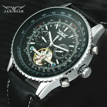 

Fashion Sport Tourbillon Men Watches Top Brand Luxury JARAGAR Auto Mechanical Wristwatches Sub-dials Display Leather Clock