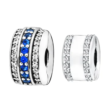 

100% 925 solid Silver New Arrival Double Lined Beads Sparkling Blue Line Clip fit Original Bracelets Women DIY Jewelry