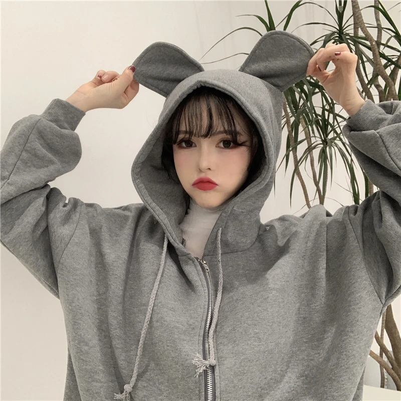 Серый HAYBLST Брендовые женские толстовки на молнии новые осенние зимние Kpop Kawaii повседневные топы свободного кроя размера плюс XL одежда с длинным рукавом - Цвет: Серый