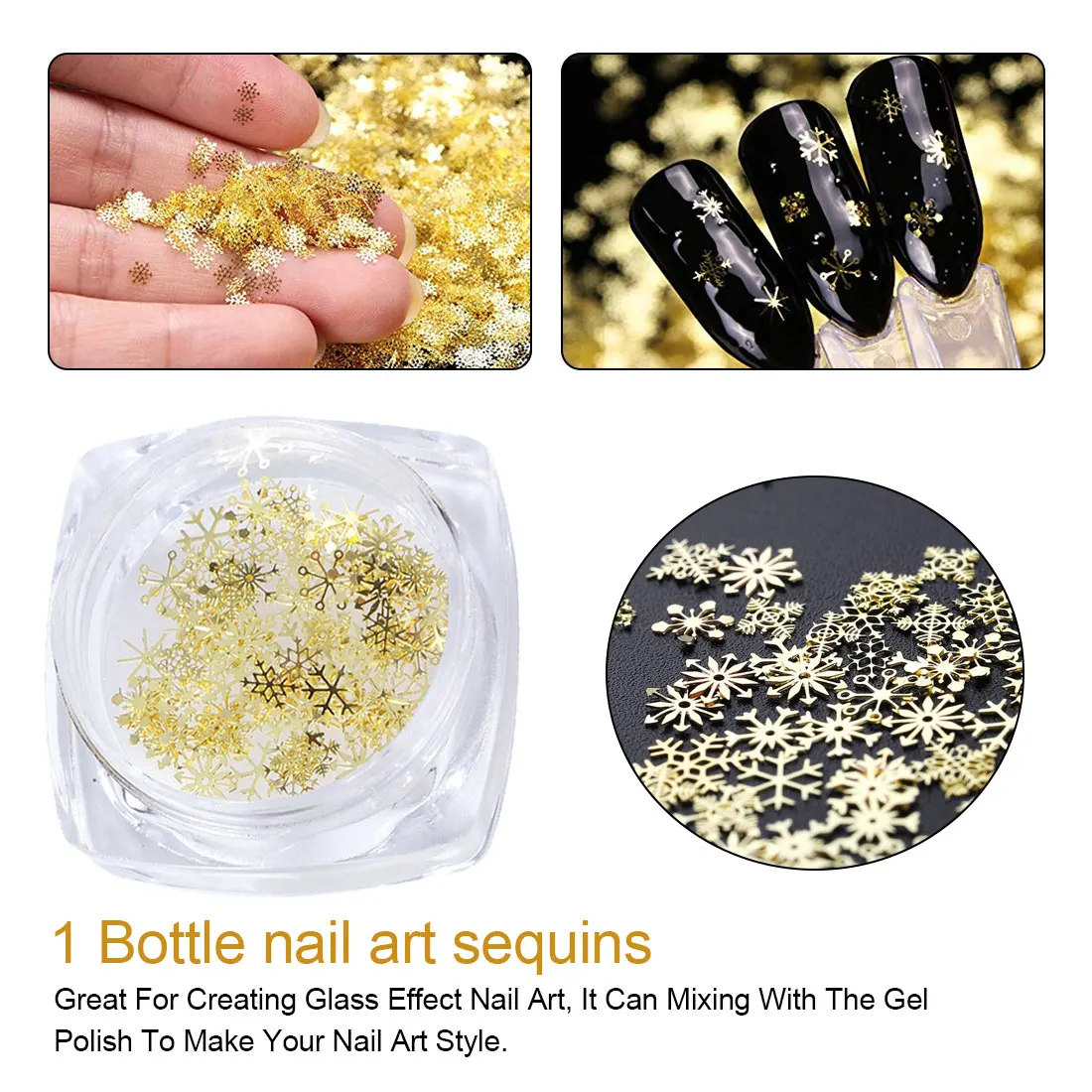 

1 Bottle Hollow Out Gold Nail Glitter Snow Sequins Snowflakes Mixed Design Decor for Nail Arts Glitter Sequins